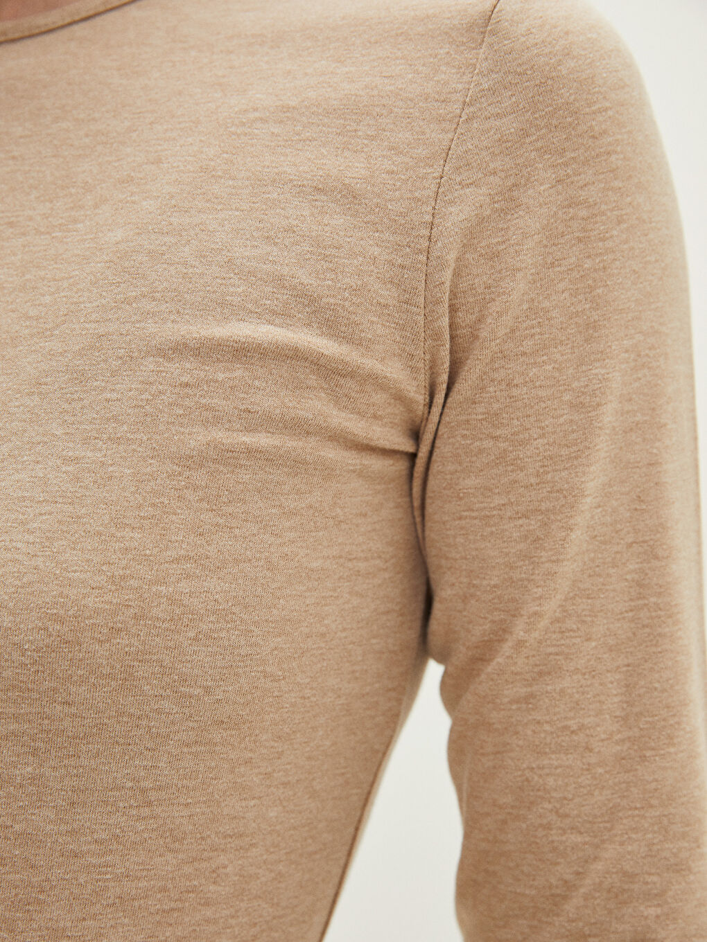 Ekru Bisiklet Yaka Düz Uzun Kollu Kadın Tişört-3