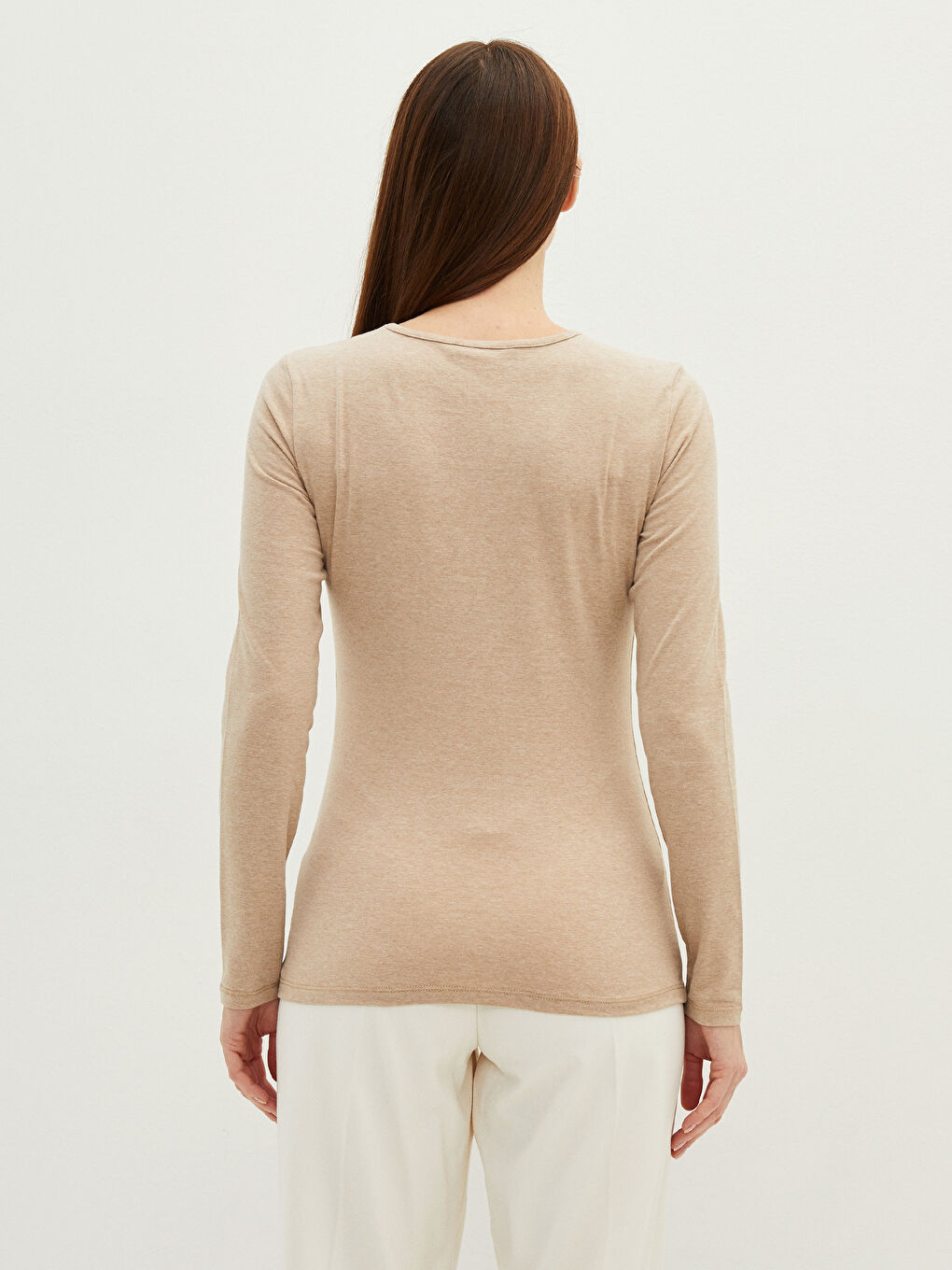 Ekru Bisiklet Yaka Düz Uzun Kollu Kadın Tişört-4