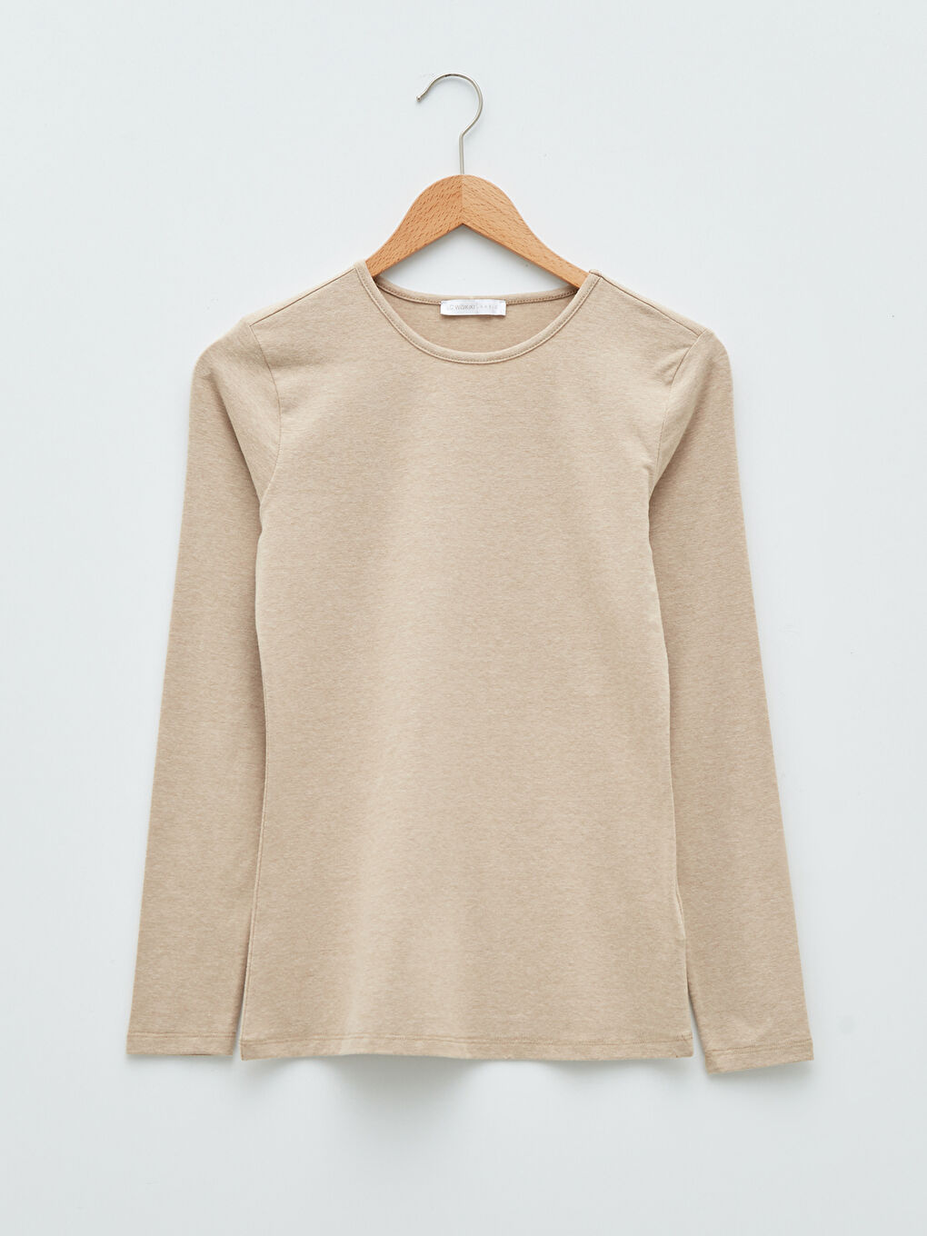 Ekru Bisiklet Yaka Düz Uzun Kollu Kadın Tişört-5