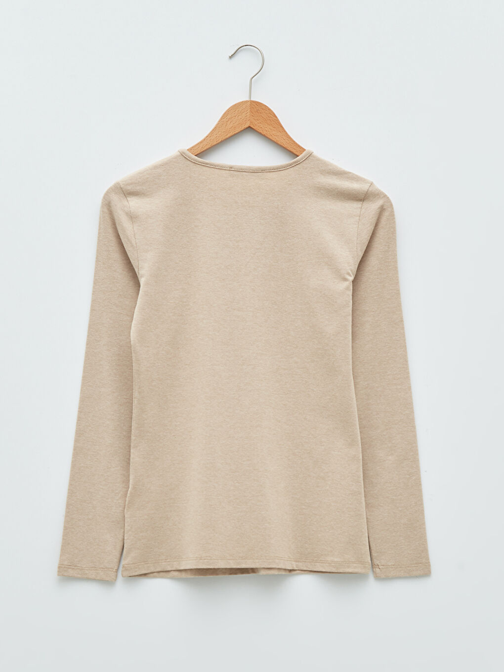 Ekru Bisiklet Yaka Düz Uzun Kollu Kadın Tişört-6