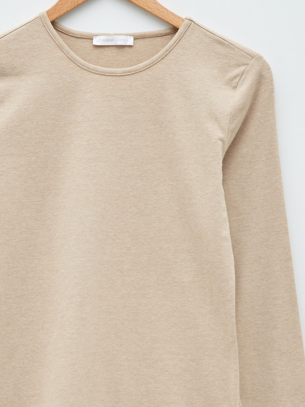 Ekru Bisiklet Yaka Düz Uzun Kollu Kadın Tişört-7