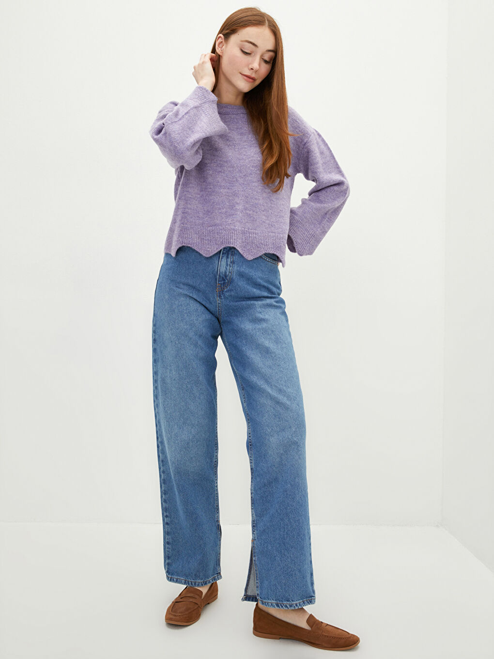 Lila Bisiklet Yaka Düz Uzun Kollu Kadın Triko Kazak-2