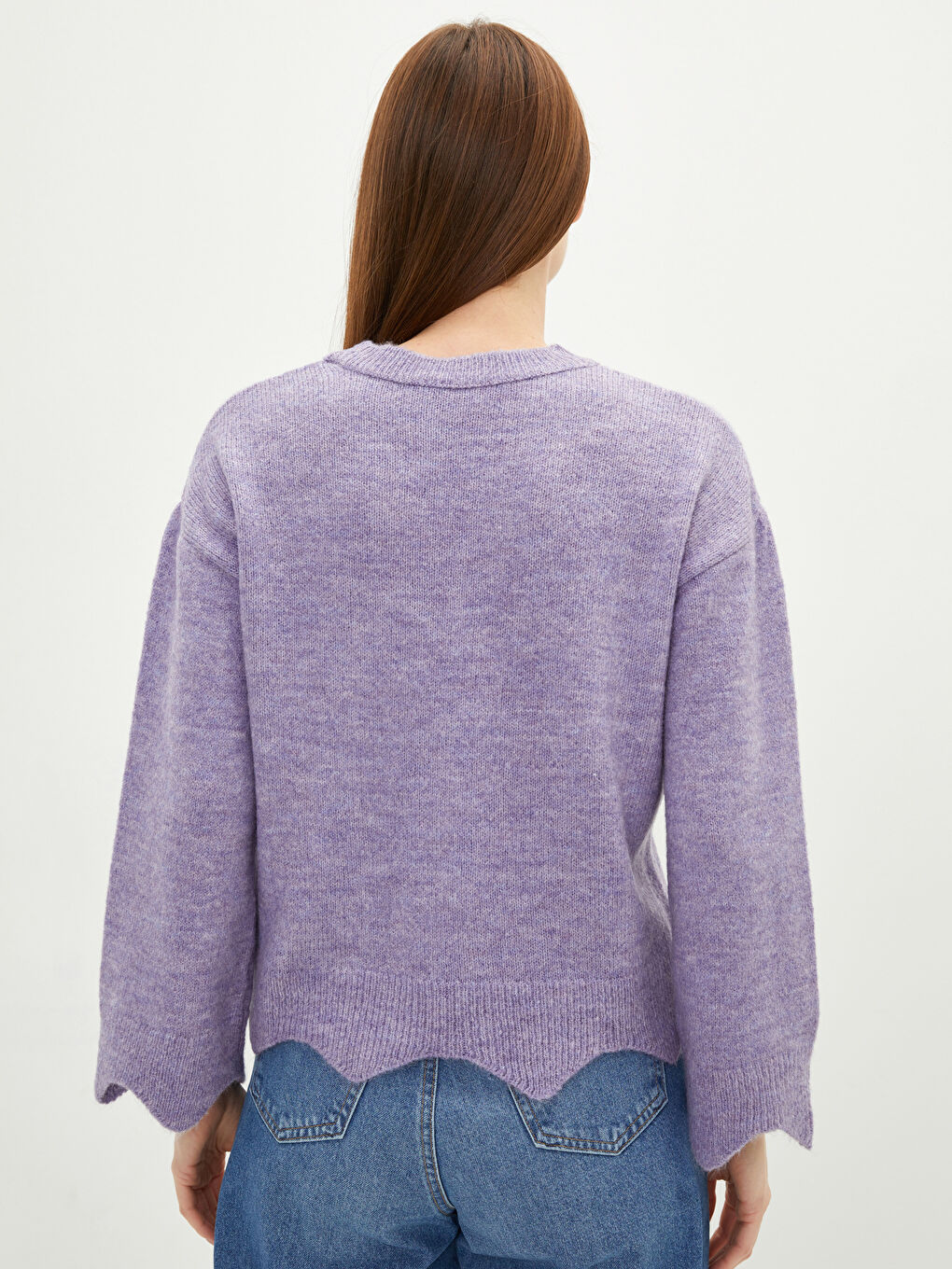 Lila Bisiklet Yaka Düz Uzun Kollu Kadın Triko Kazak-4