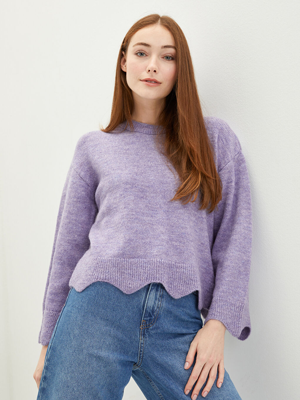 Lila Bisiklet Yaka Düz Uzun Kollu Kadın Triko Kazak