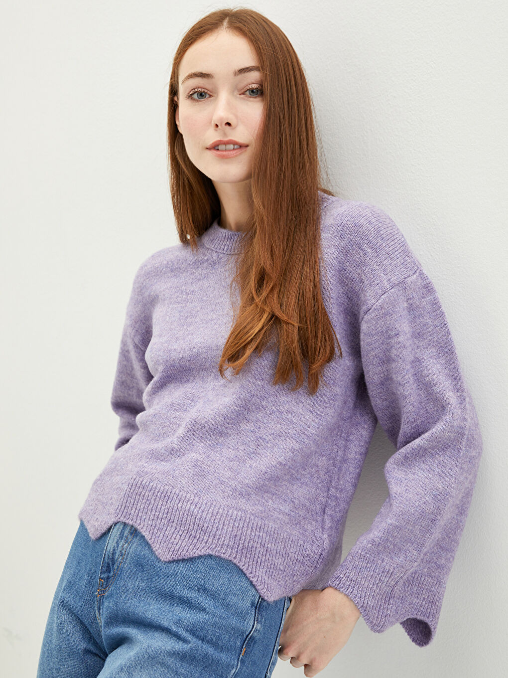 Lila Bisiklet Yaka Düz Uzun Kollu Kadın Triko Kazak-1