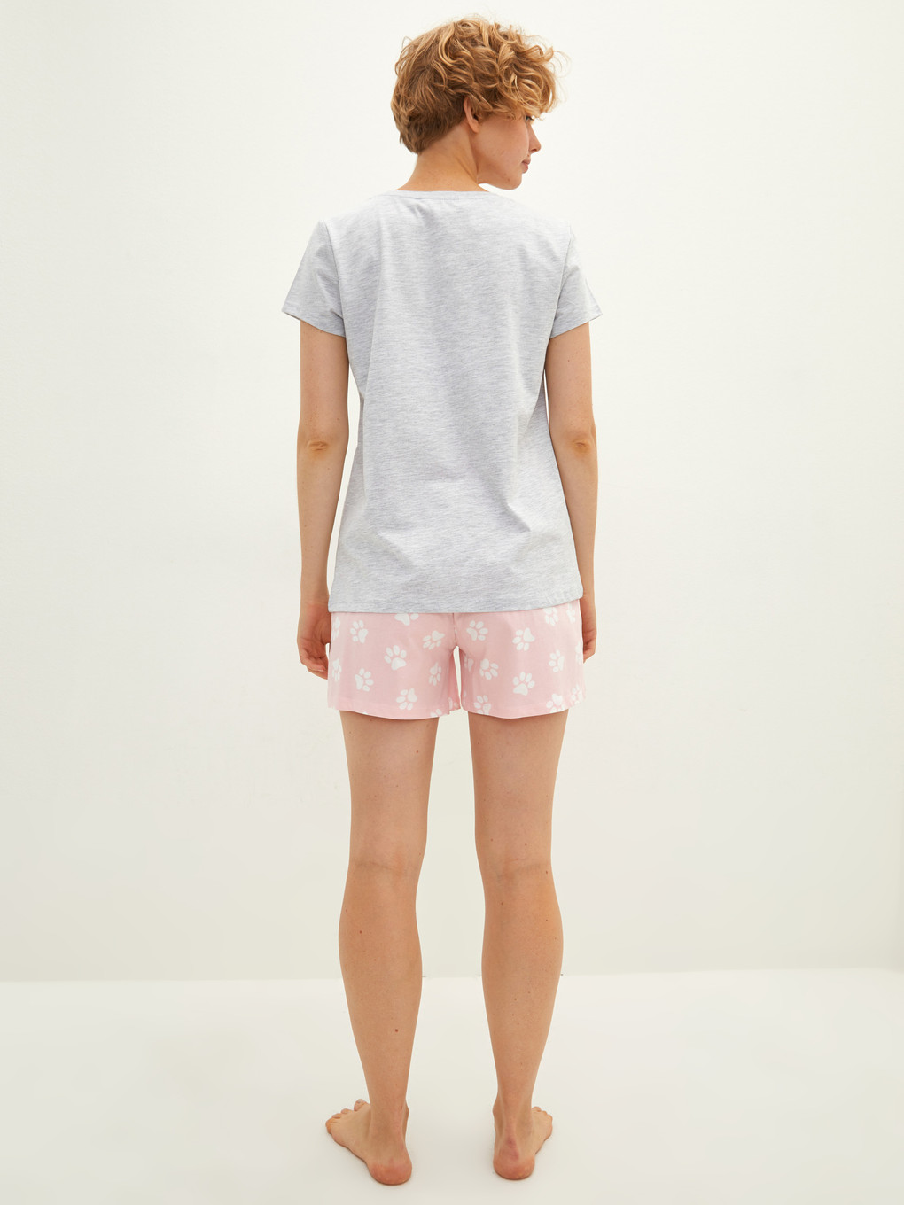 Pembe Bisiklet Yaka Baskılı Kısa Kollu Kadın Şortlu Pijama Takımı-4