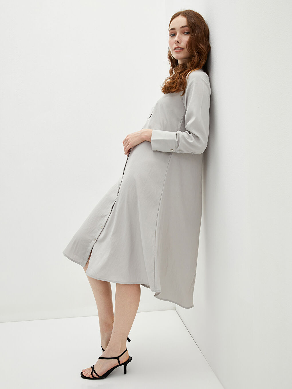 Hemdkragen Regulär Langarm Popeline Kleid für Damen-2