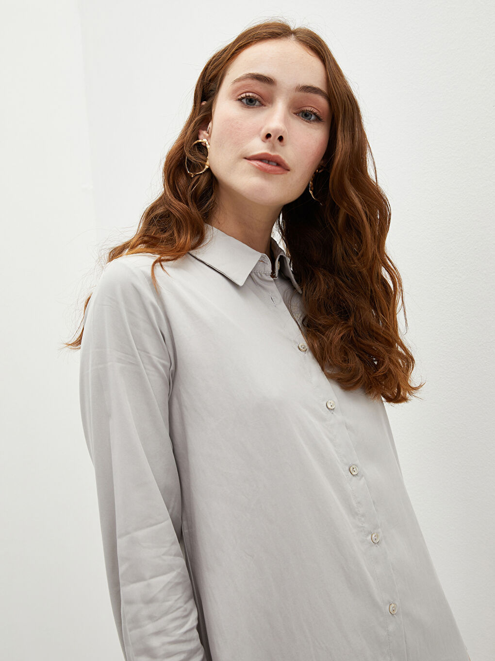 Hemdkragen Regulär Langarm Popeline Kleid für Damen-4