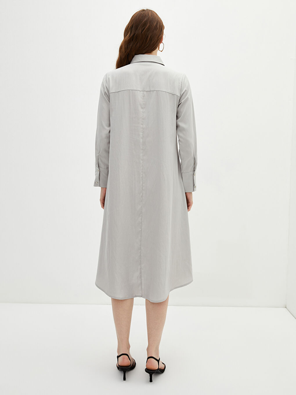 Hemdkragen Regulär Langarm Popeline Kleid für Damen-5