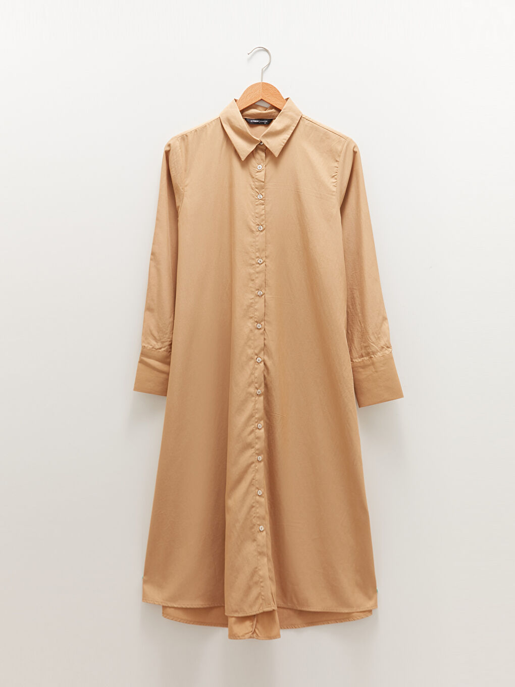 Bej Gömlek Yaka Düz Uzun Kollu Poplin Kadın Elbise-5