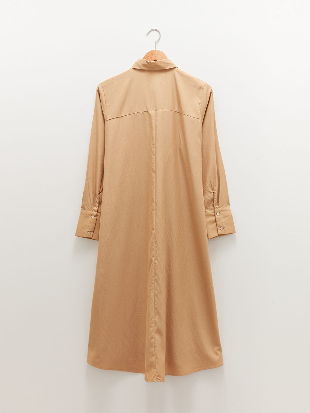 Bej Gömlek Yaka Düz Uzun Kollu Poplin Kadın Elbise-6