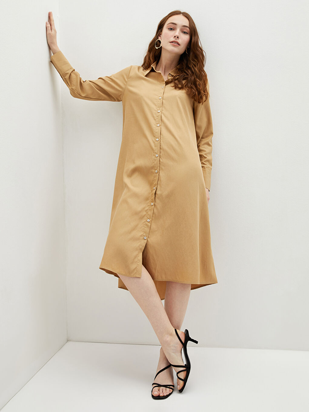 Bej Gömlek Yaka Düz Uzun Kollu Poplin Kadın Elbise-2