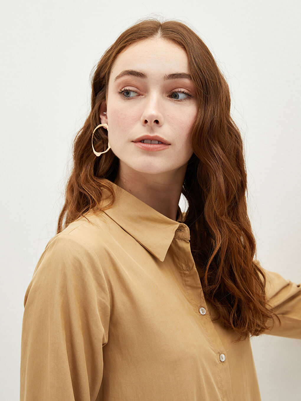 Bej Gömlek Yaka Düz Uzun Kollu Poplin Kadın Elbise-3