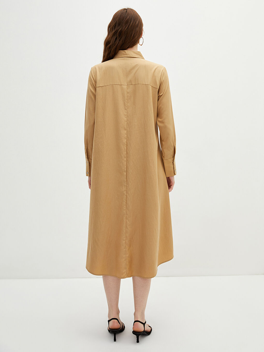 Bej Gömlek Yaka Düz Uzun Kollu Poplin Kadın Elbise-4