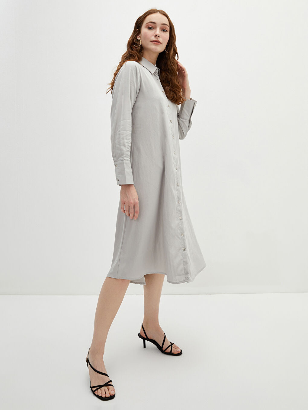 Hemdkragen Regulär Langarm Popeline Kleid für Damen