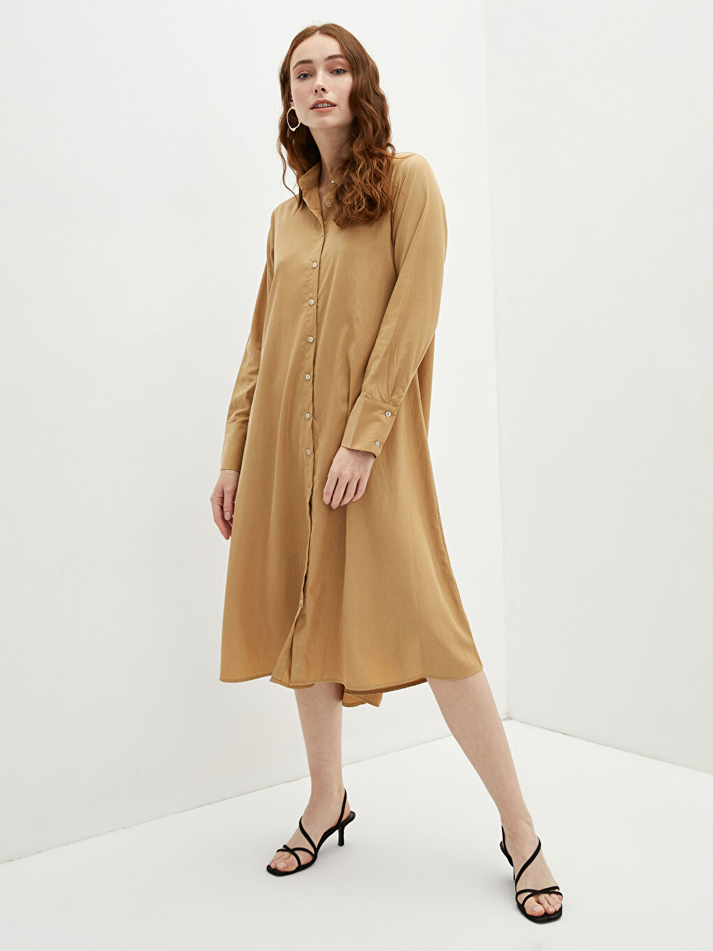 Bej Gömlek Yaka Düz Uzun Kollu Poplin Kadın Elbise