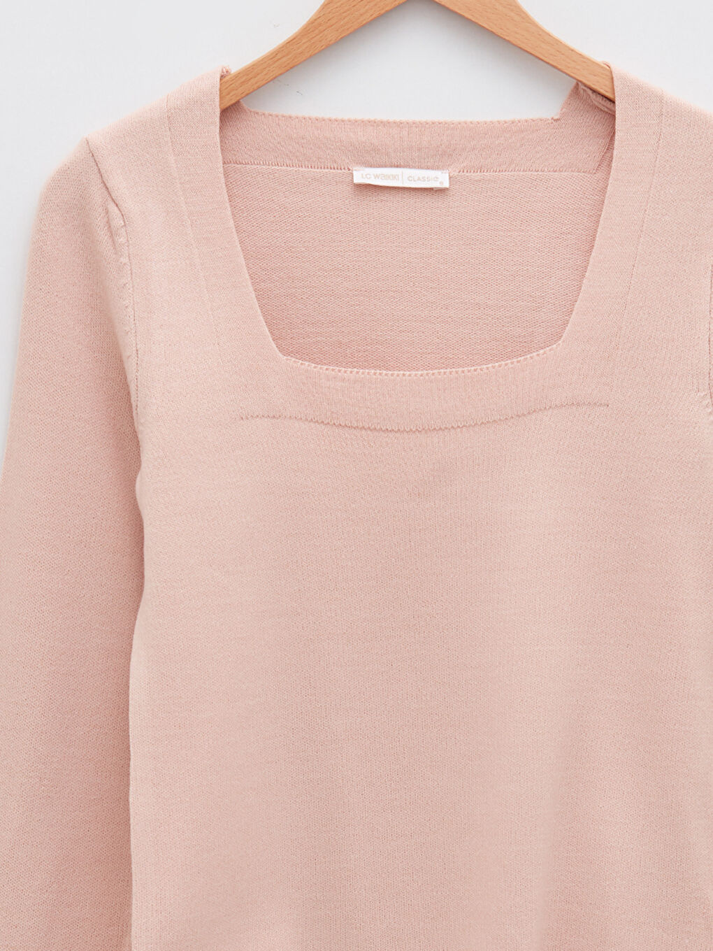 Pembe Kare Yaka Düz Uzun Kollu Kadın Triko Kazak-7