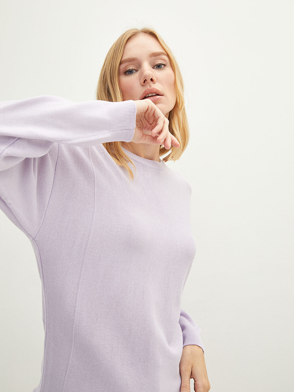 Lila Bisiklet Yaka Düz Uzun Kollu Kadın Triko Kazak