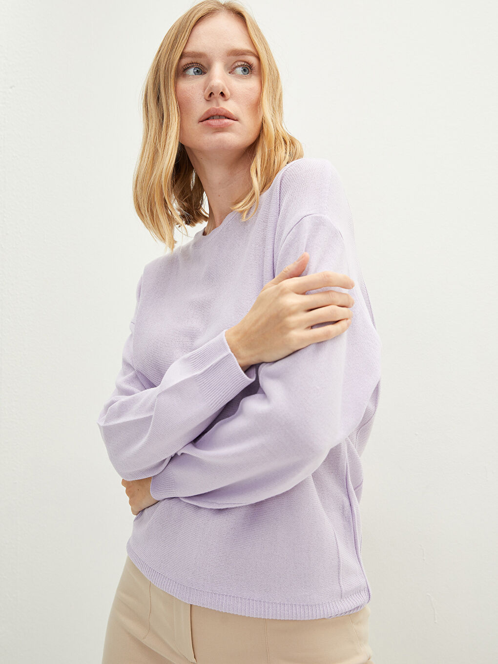 Lila Bisiklet Yaka Düz Uzun Kollu Kadın Triko Kazak-2
