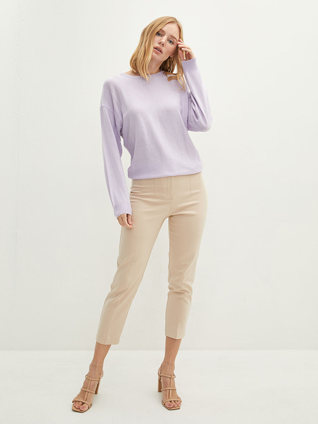 Lila Bisiklet Yaka Düz Uzun Kollu Kadın Triko Kazak-3