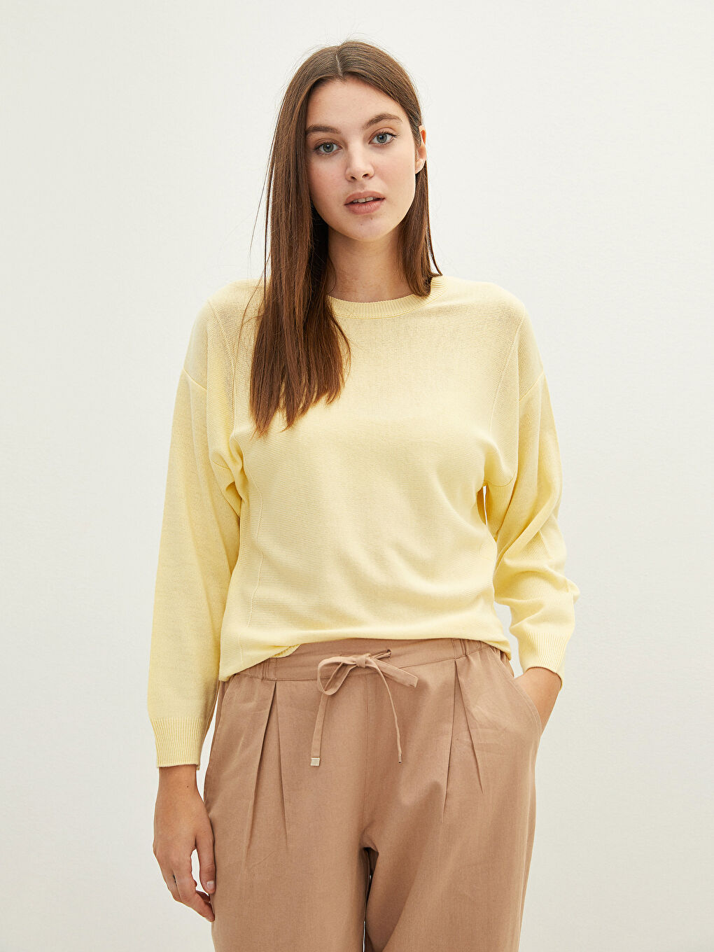 Sarı Bisiklet Yaka Düz Uzun Kollu Kadın Triko Kazak