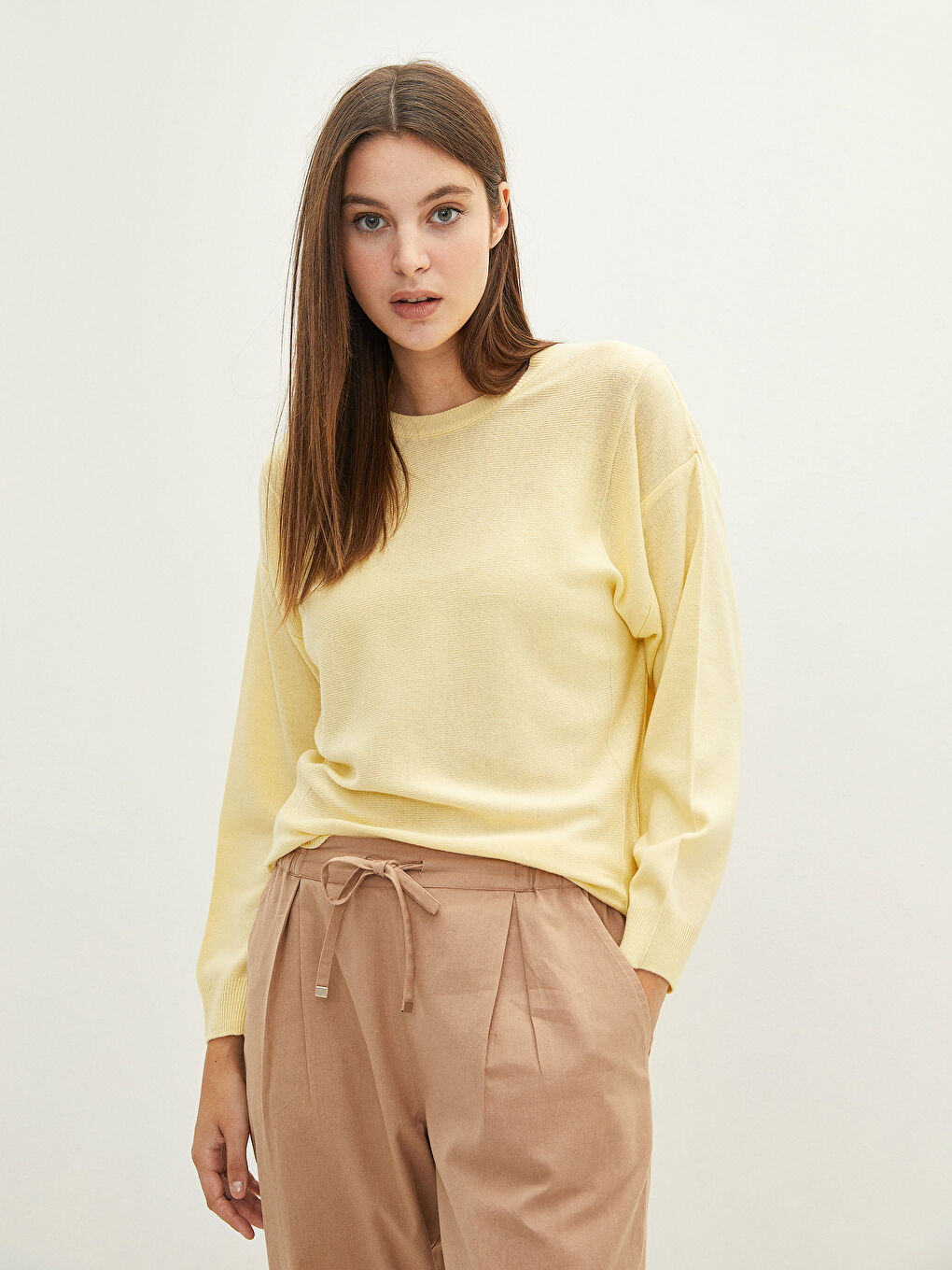 Sarı Bisiklet Yaka Düz Uzun Kollu Kadın Triko Kazak-1