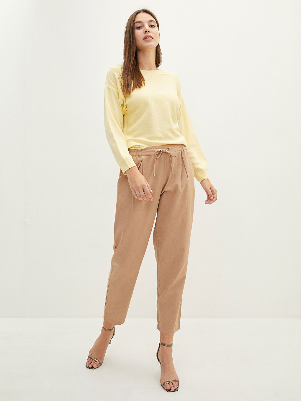 Sarı Bisiklet Yaka Düz Uzun Kollu Kadın Triko Kazak-3