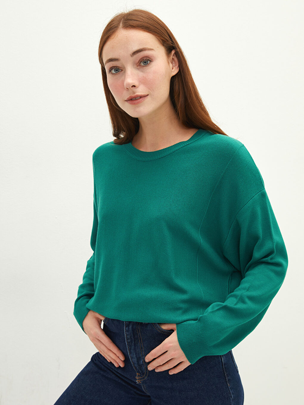 Yeşil Bisiklet Yaka Düz Uzun Kollu Kadın Triko Kazak