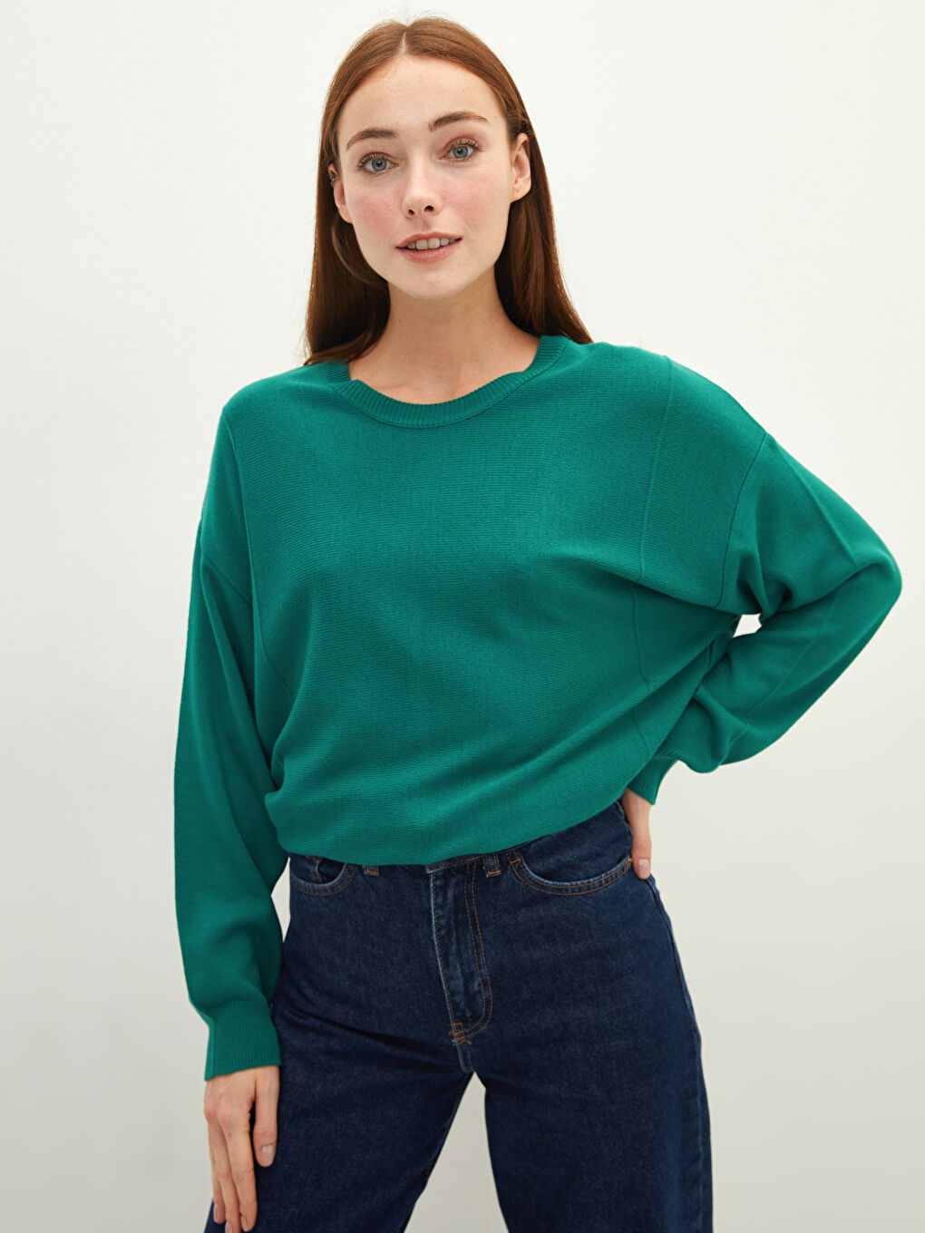 Yeşil Bisiklet Yaka Düz Uzun Kollu Kadın Triko Kazak-1