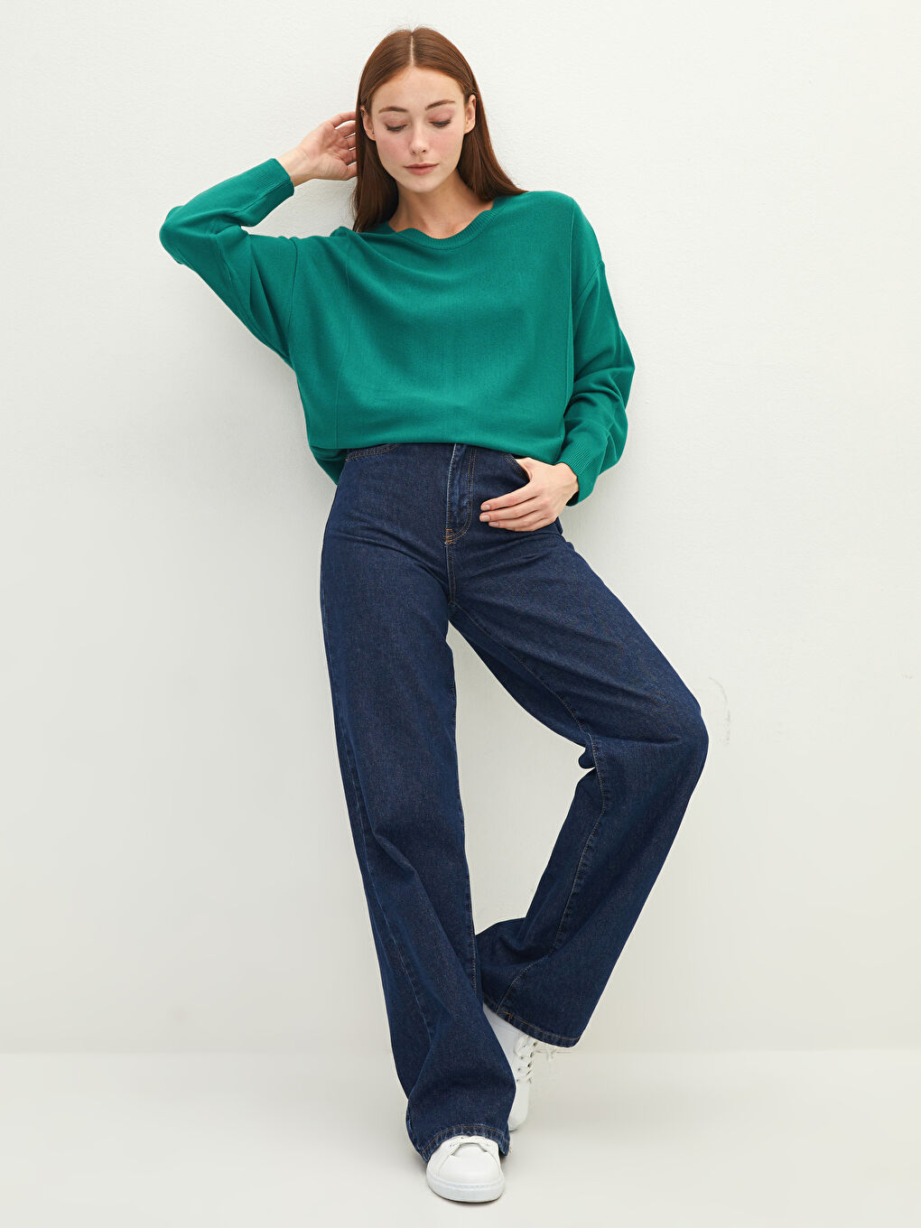 Yeşil Bisiklet Yaka Düz Uzun Kollu Kadın Triko Kazak-2