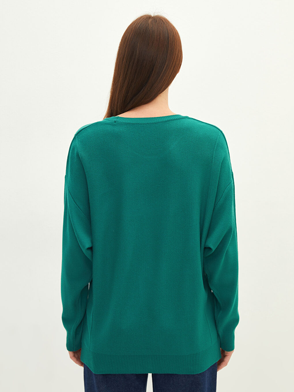 Yeşil Bisiklet Yaka Düz Uzun Kollu Kadın Triko Kazak-4
