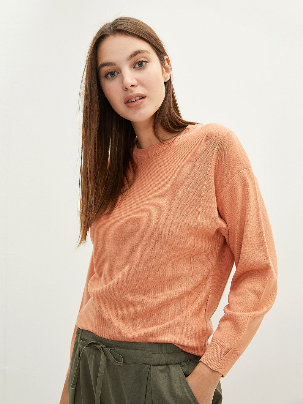 Mercan Bisiklet Yaka Düz Uzun Kollu Kadın Triko Kazak