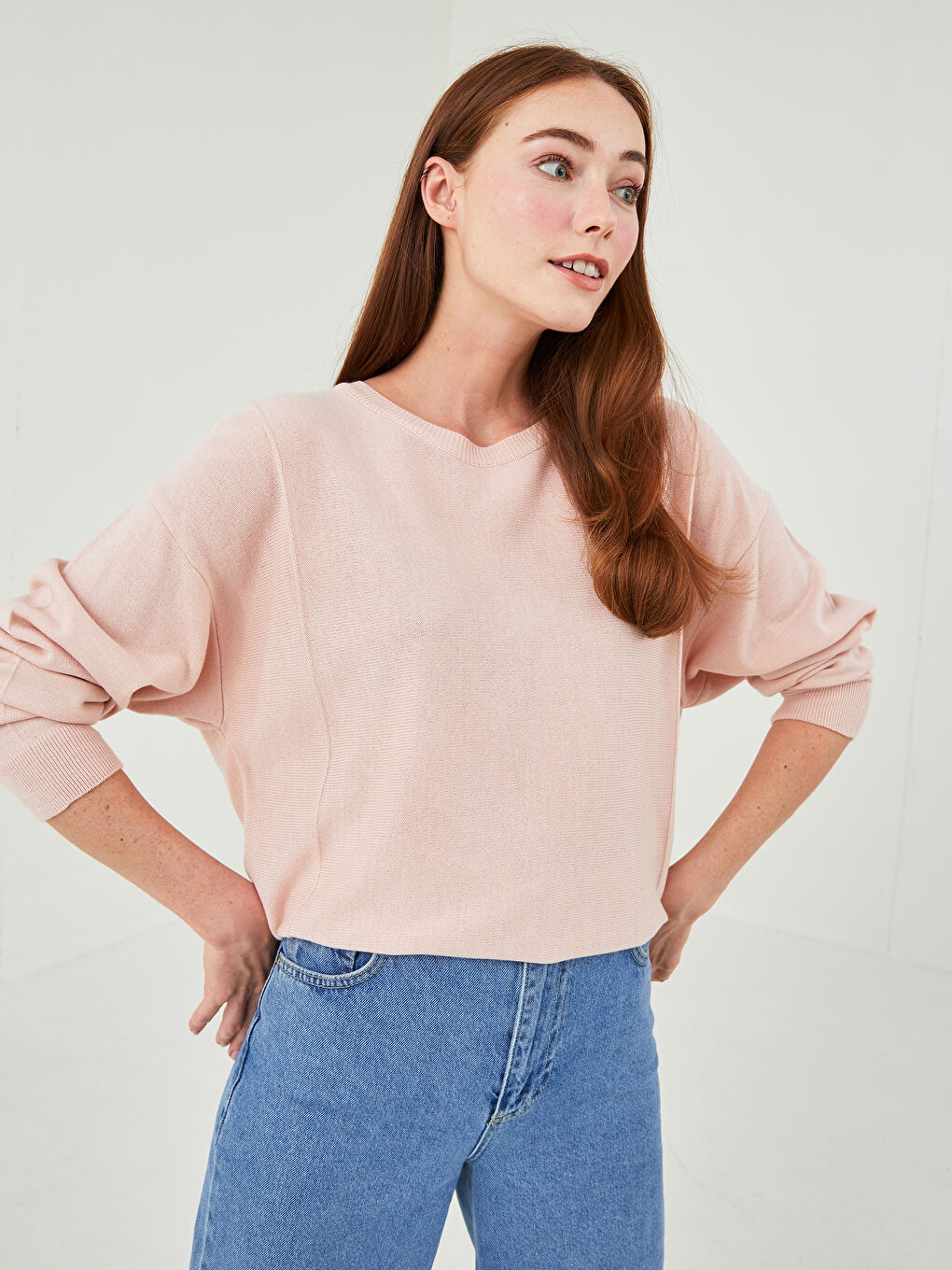 Pembe Bisiklet Yaka Düz Uzun Kollu Kadın Triko Kazak