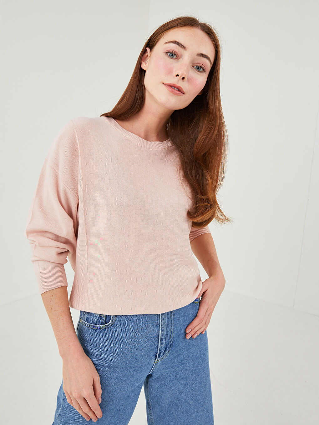 Pembe Bisiklet Yaka Düz Uzun Kollu Kadın Triko Kazak-1