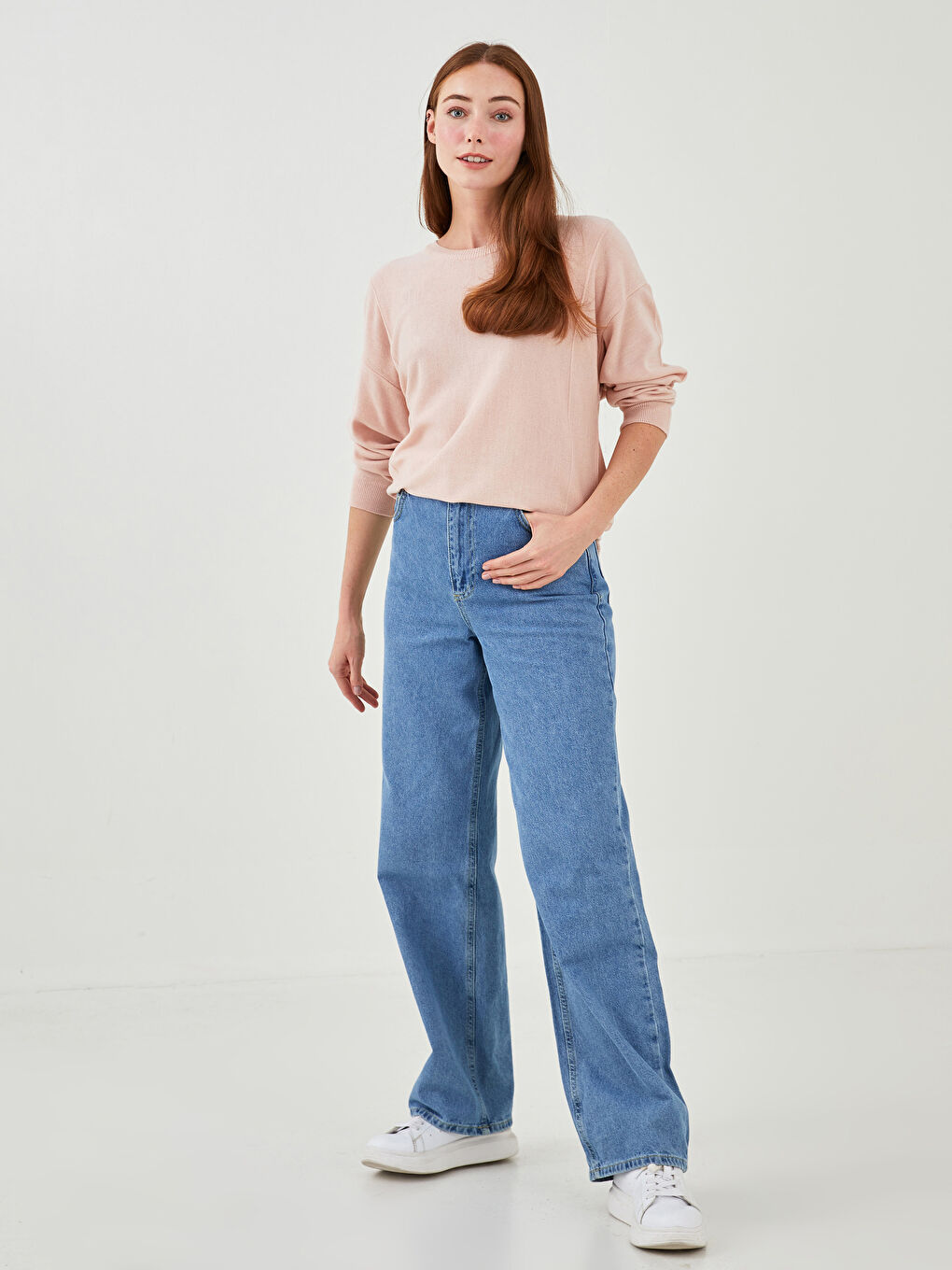 Pembe Bisiklet Yaka Düz Uzun Kollu Kadın Triko Kazak-3