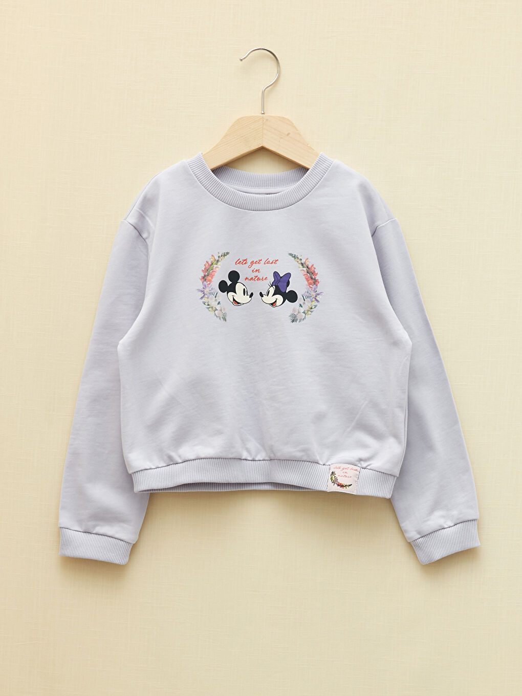 Lila Bisiklet Yaka Minnie ve Mickey Mouse Baskılı Uzun Kollu Kız Çocuk Sweatshirt