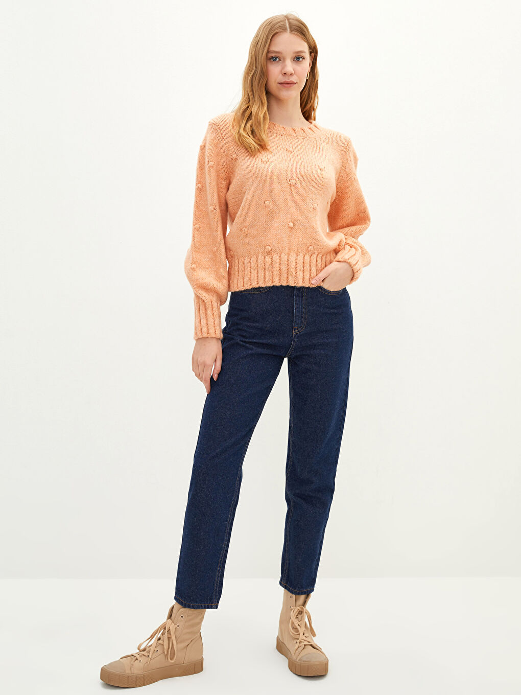 Turuncu Bisiklet Yaka Ponpon Detaylı Uzun Kollu Kadın Triko Kazak-3