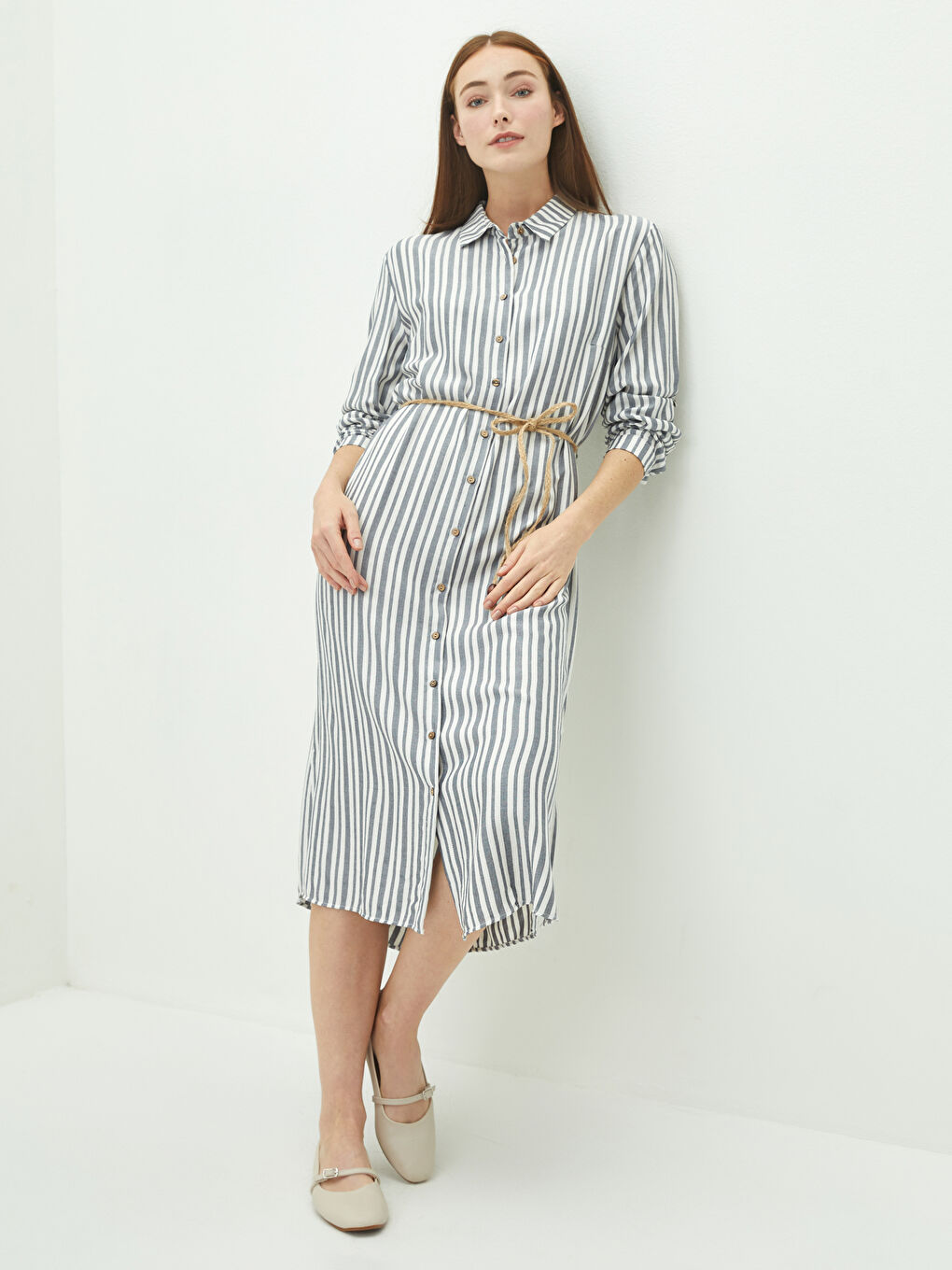 Striped Long Sleeve Belted Viscose Women's Shirt Tunic
