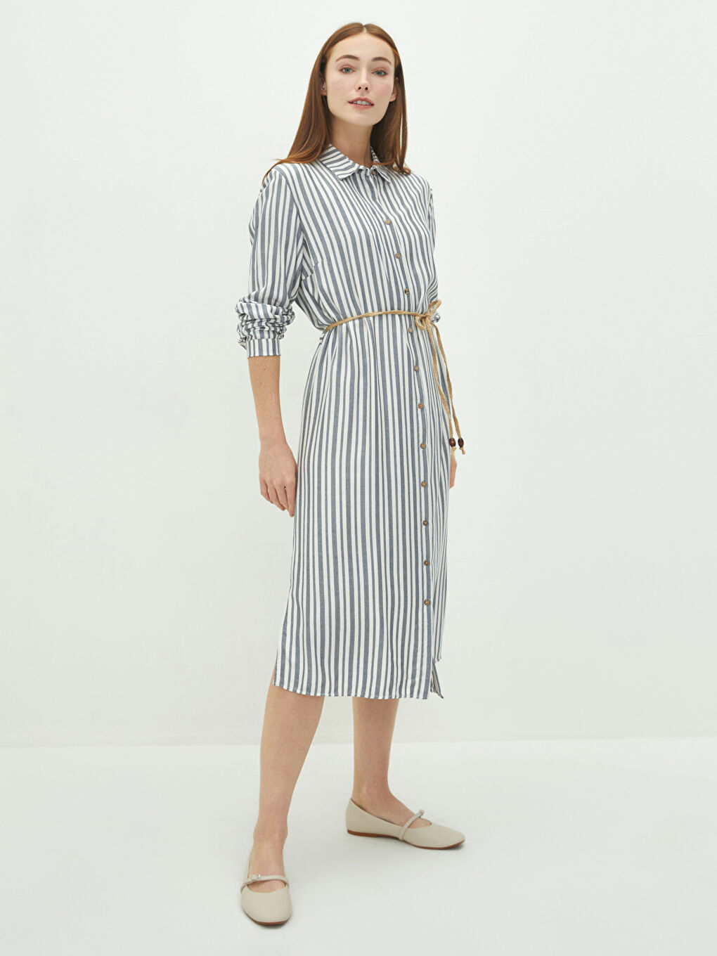 Striped Long Sleeve Belted Viscose Women's Shirt Tunic-1