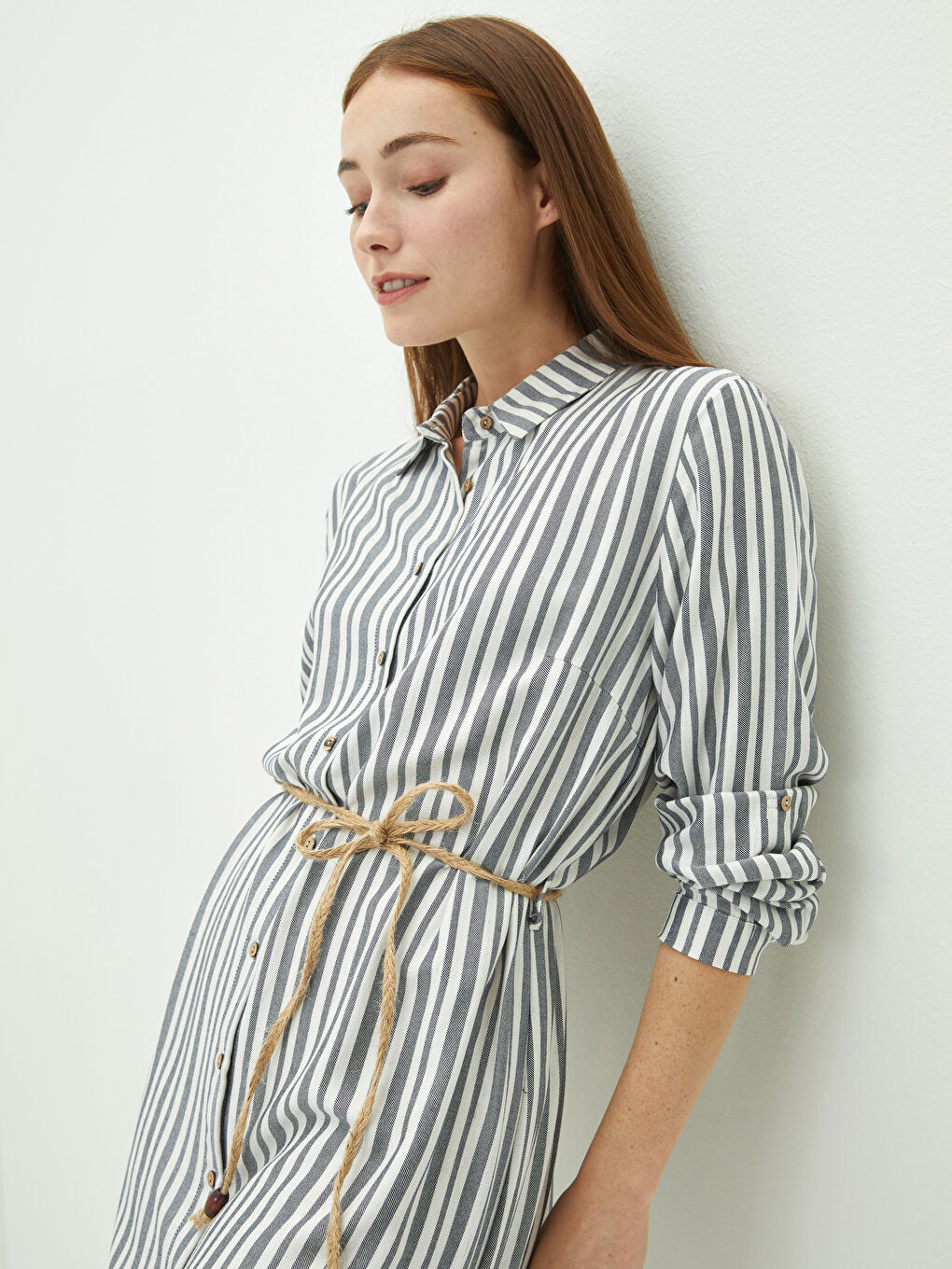 Striped Long Sleeve Belted Viscose Women's Shirt Tunic-2