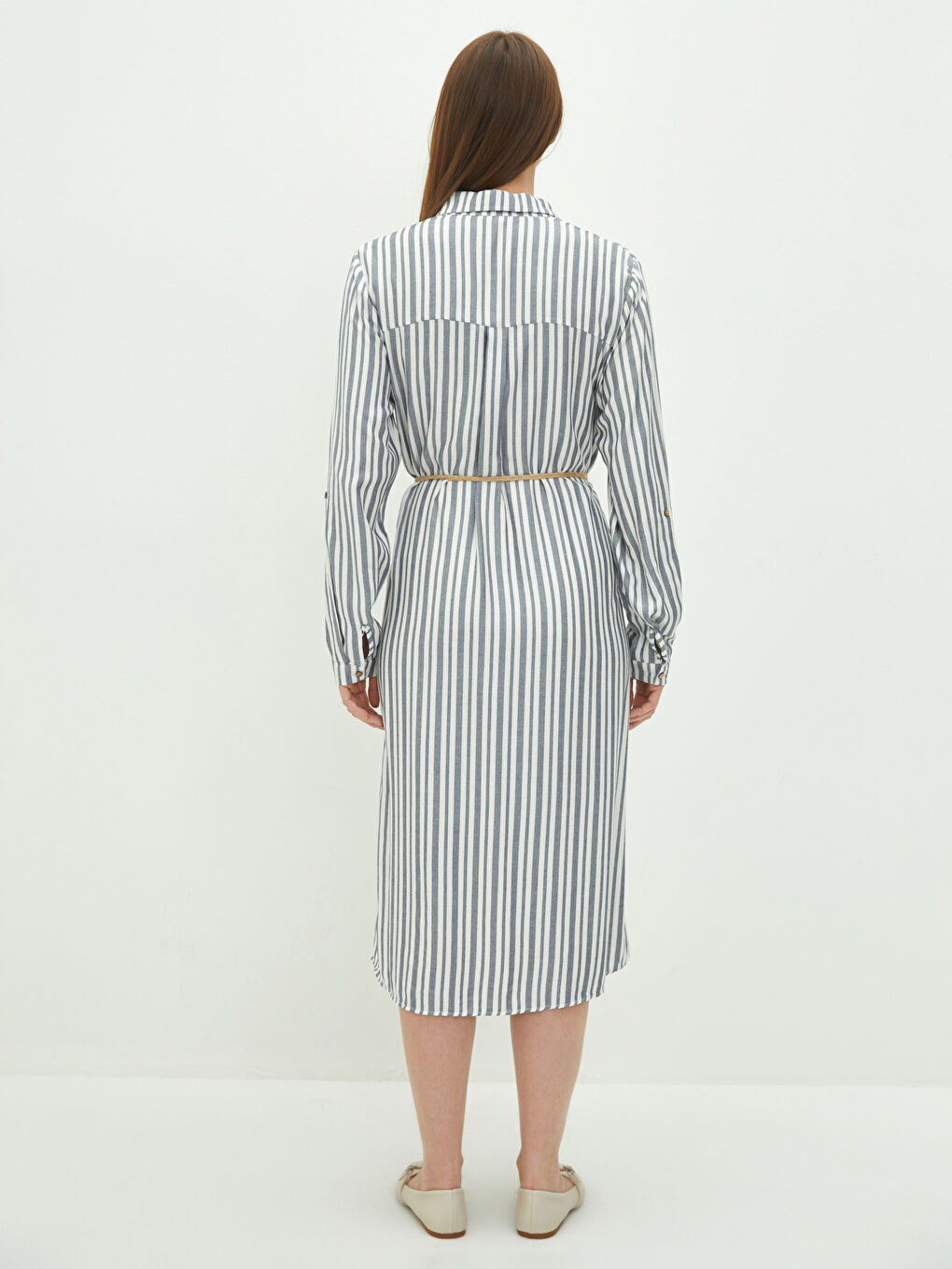 Striped Long Sleeve Belted Viscose Women's Shirt Tunic-4