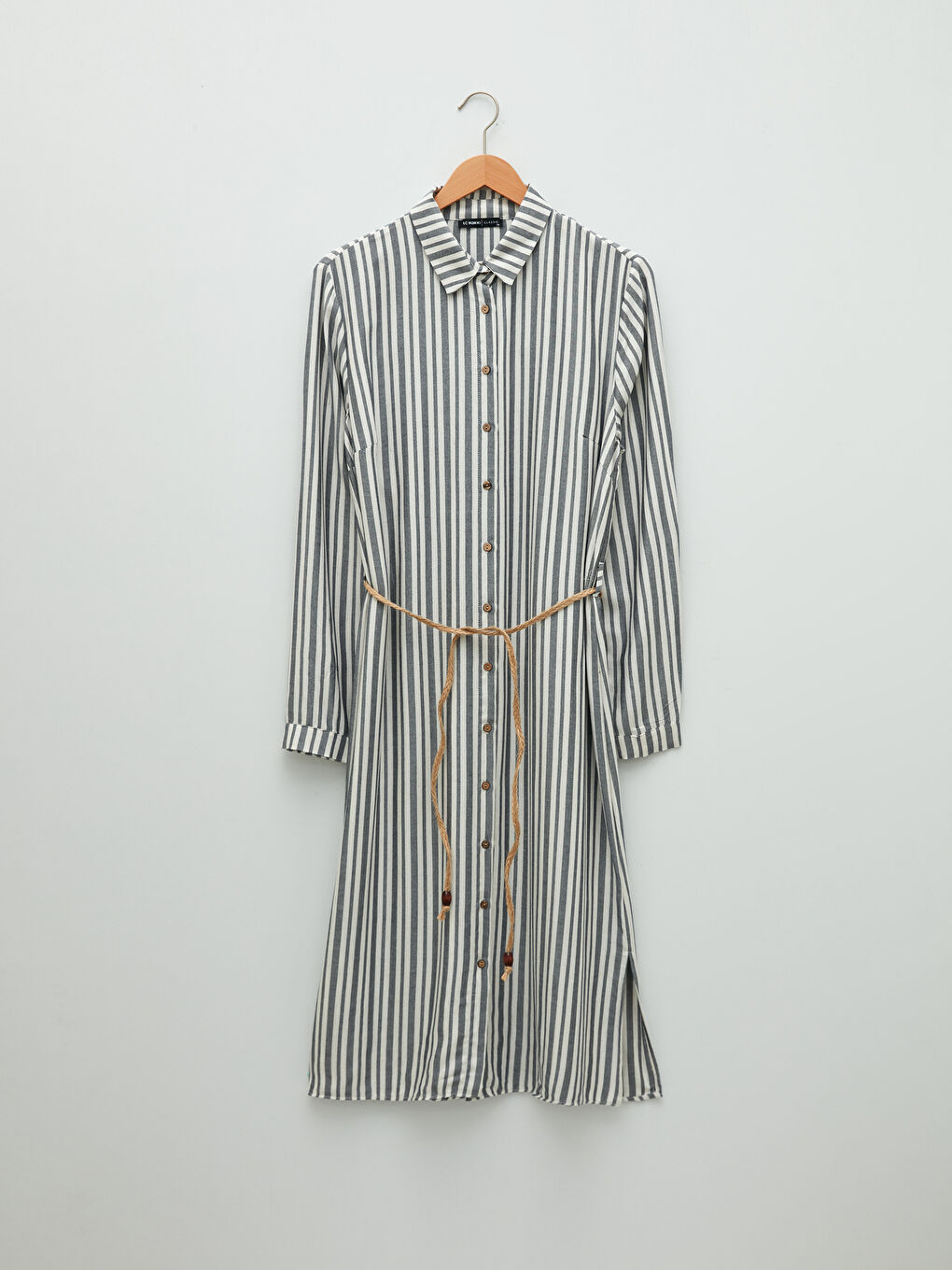 Striped Long Sleeve Belted Viscose Women's Shirt Tunic-5