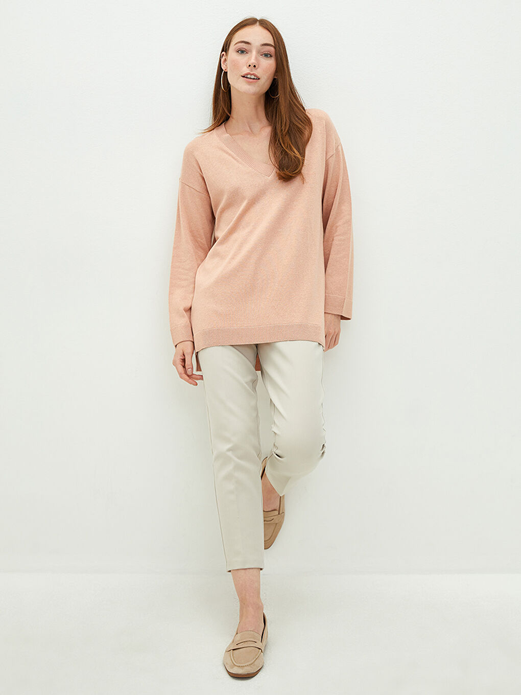 V Yaka Düz Uzun Kollu Kadın Triko Kazak-3