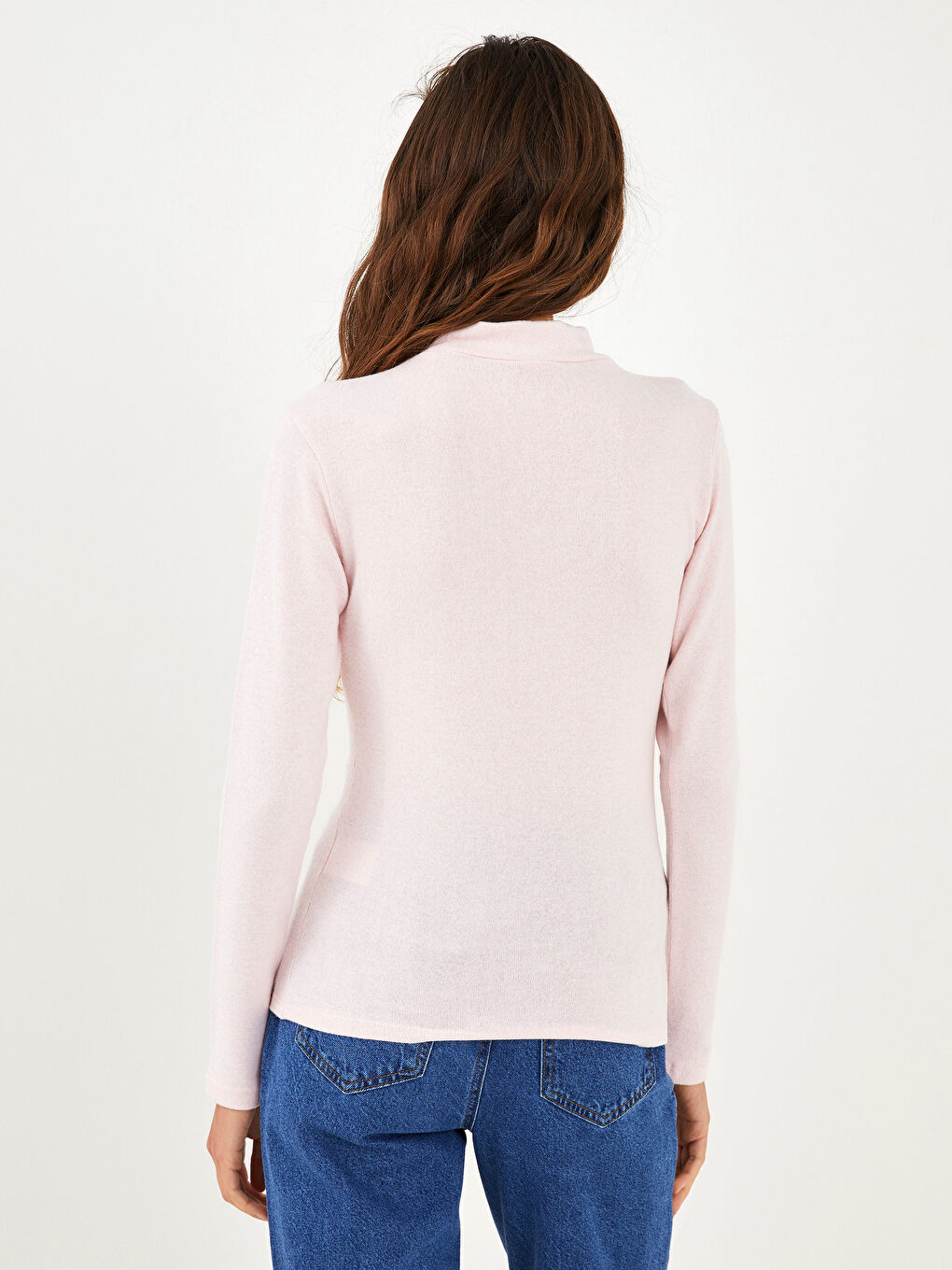 Pembe Dik Yaka Düz Uzun Kollu Kadın Tişört-3