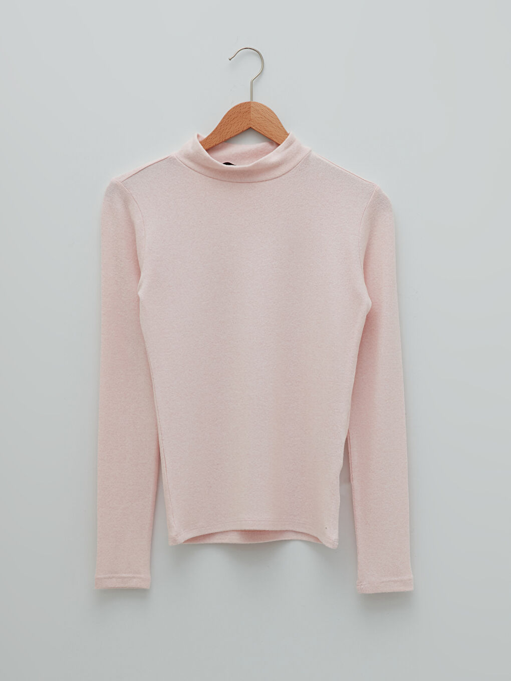 Pembe Dik Yaka Düz Uzun Kollu Kadın Tişört-4