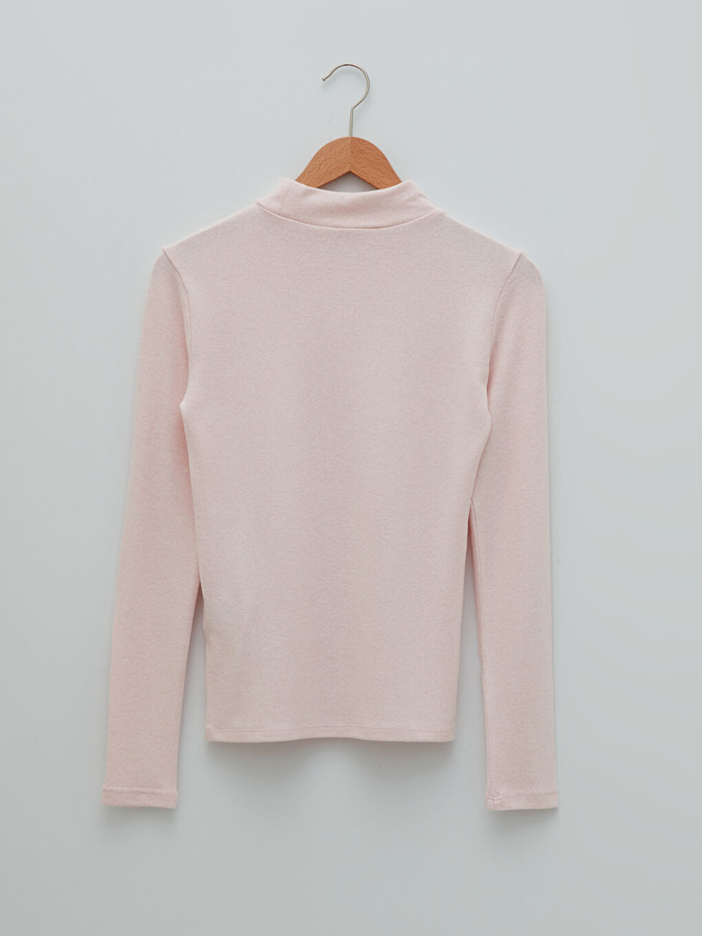 Pembe Dik Yaka Düz Uzun Kollu Kadın Tişört-5