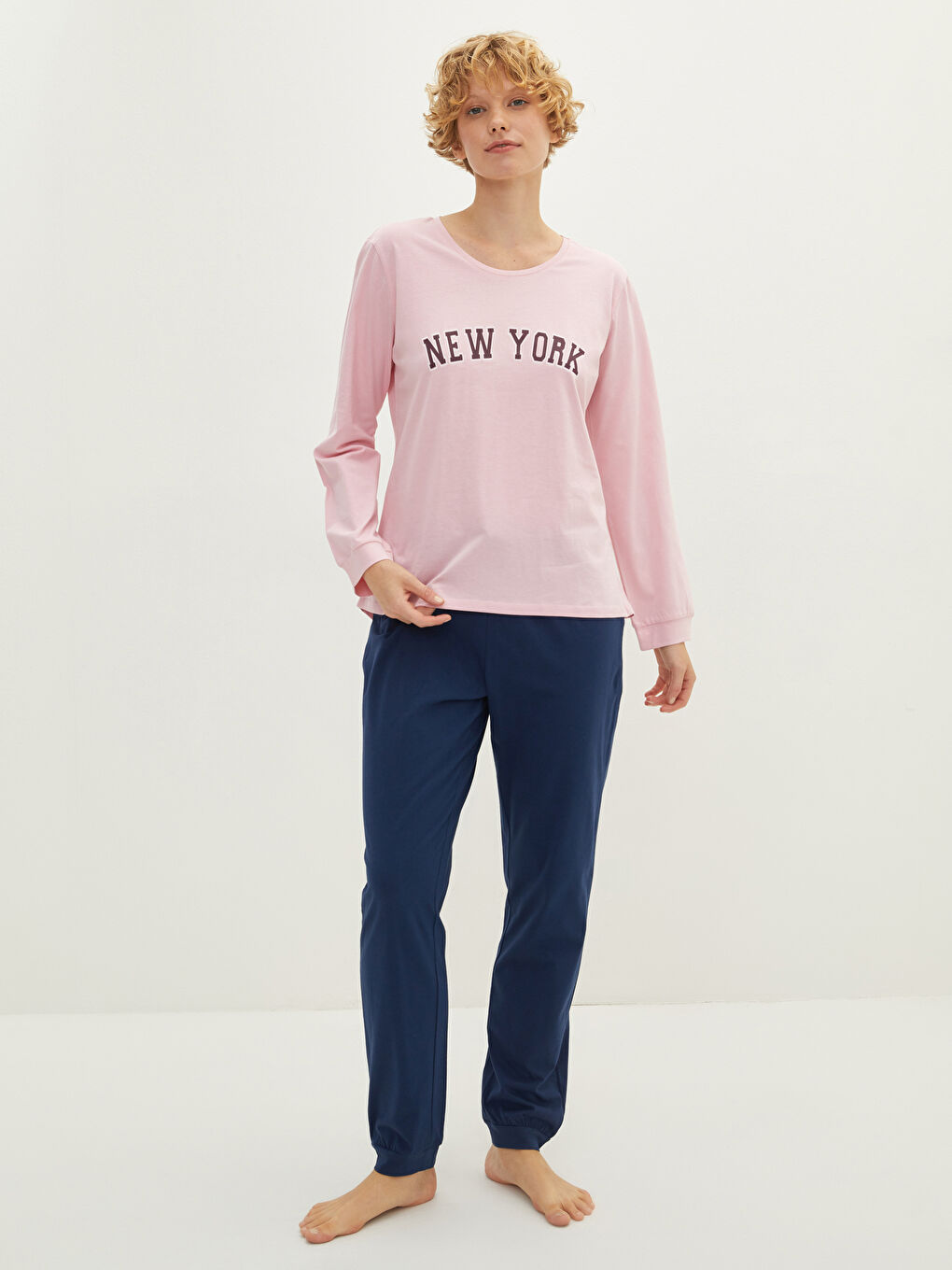 Lacivert Bisiklet Yaka Baskılı Uzun Kollu Kadın Pijama Takımı-1