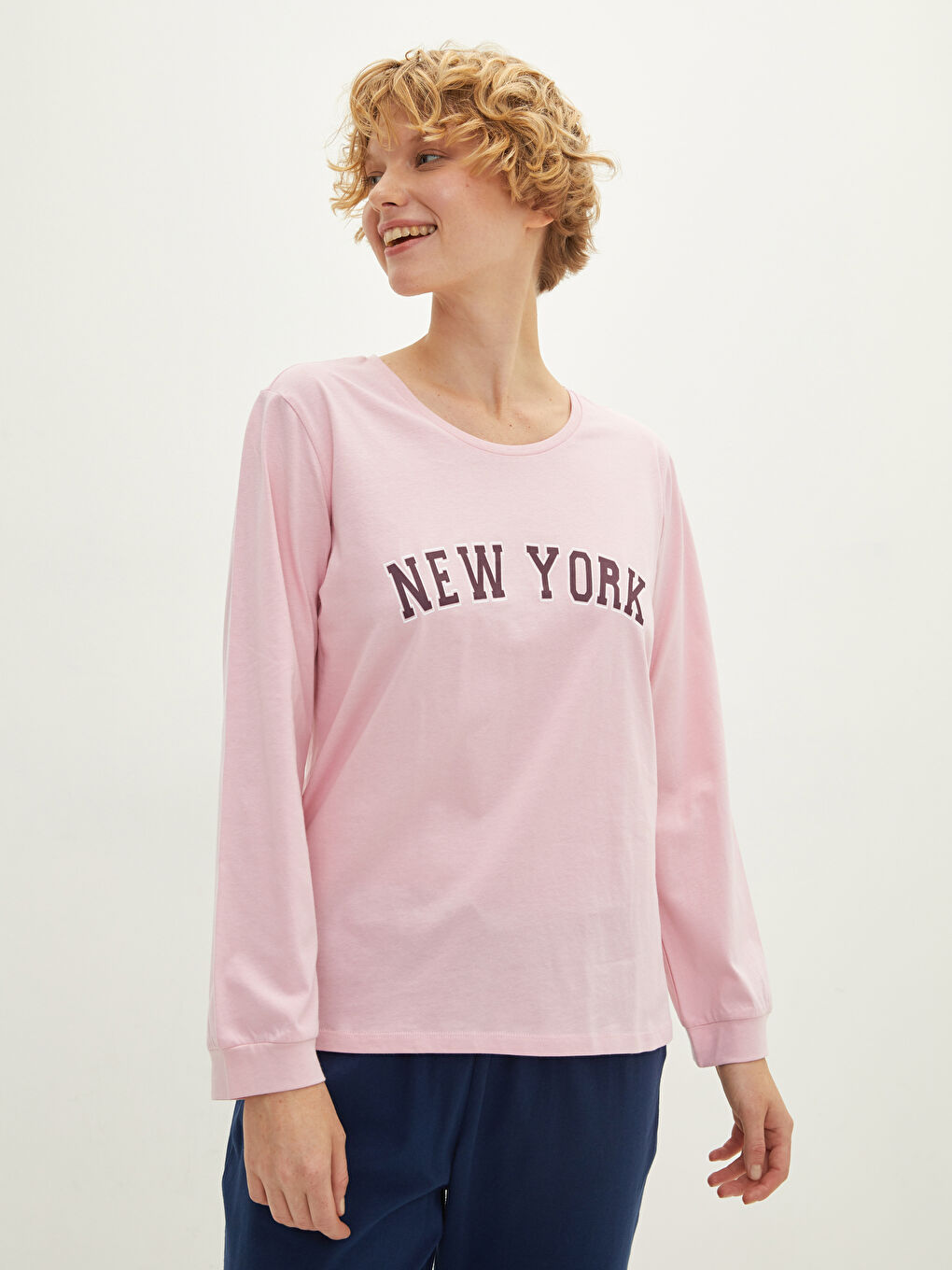 Lacivert Bisiklet Yaka Baskılı Uzun Kollu Kadın Pijama Takımı-2