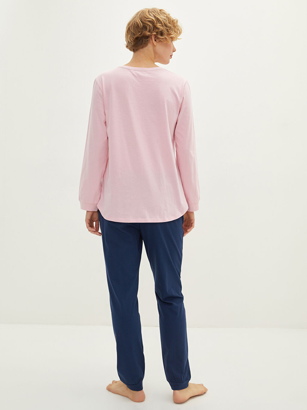 Lacivert Bisiklet Yaka Baskılı Uzun Kollu Kadın Pijama Takımı-4