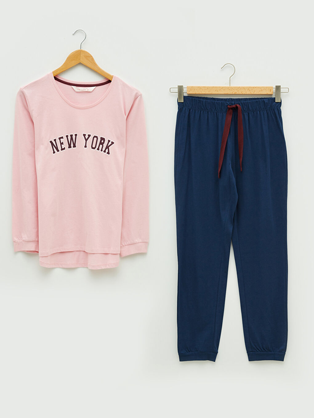 Lacivert Bisiklet Yaka Baskılı Uzun Kollu Kadın Pijama Takımı-5